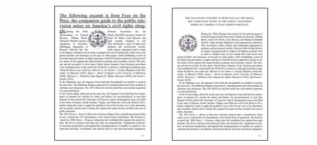 Слева версия статьи с плохой компоновкой, справа с грамотной компоновкой текста