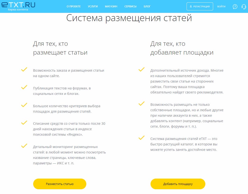 Списки структурируют текст и делают легко читаемым и заметным — пример сайта биржи копирайтинга ETXT