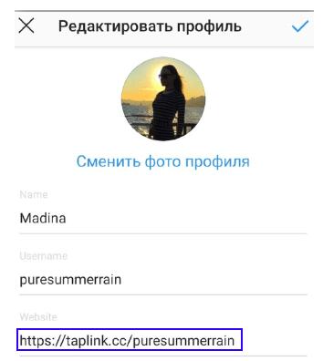 Откройте свой инстаграм-профиль, нажмите «Редактировать профиль» и вставьте ссылку в раздел «Веб-сайт»