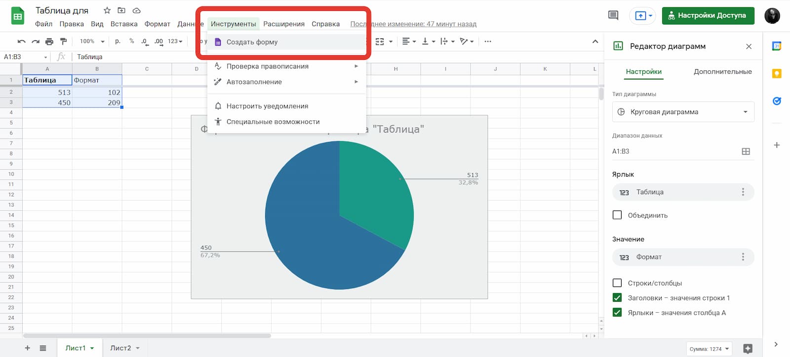 Чтобы интегрировать опросник зайдите во вкладку «Инструменты» и выберите пункт «Создать форму»