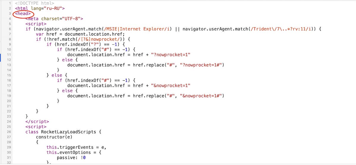 Размещаем скрипт счётчика Яндекс.Метрики в блоке <head>