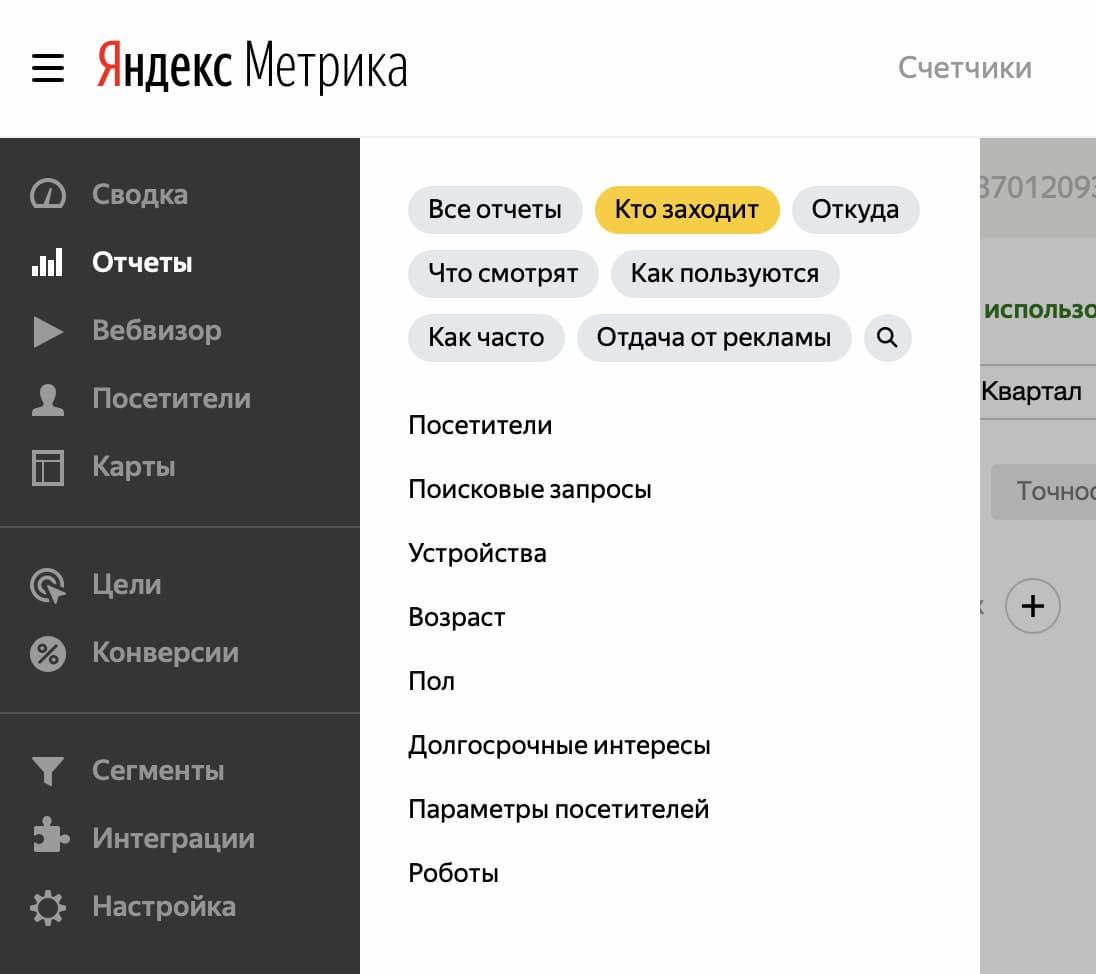В пресете «Кто заходит» хранятся отчёты, помогающие при анализе аудитории — содержат информацию о поле и возрасте, поисковых запросах, устройстве, с которого выполнялся вход и др.