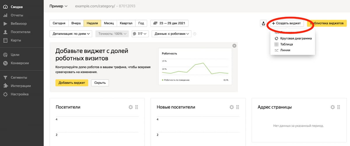 Перейдите в раздел «Сводка» и нажмите кнопку «Создать виджет»