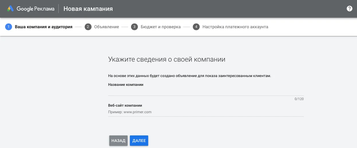 Вписываем название и ваш веб-сайт, жмем «ДАЛЕЕ»