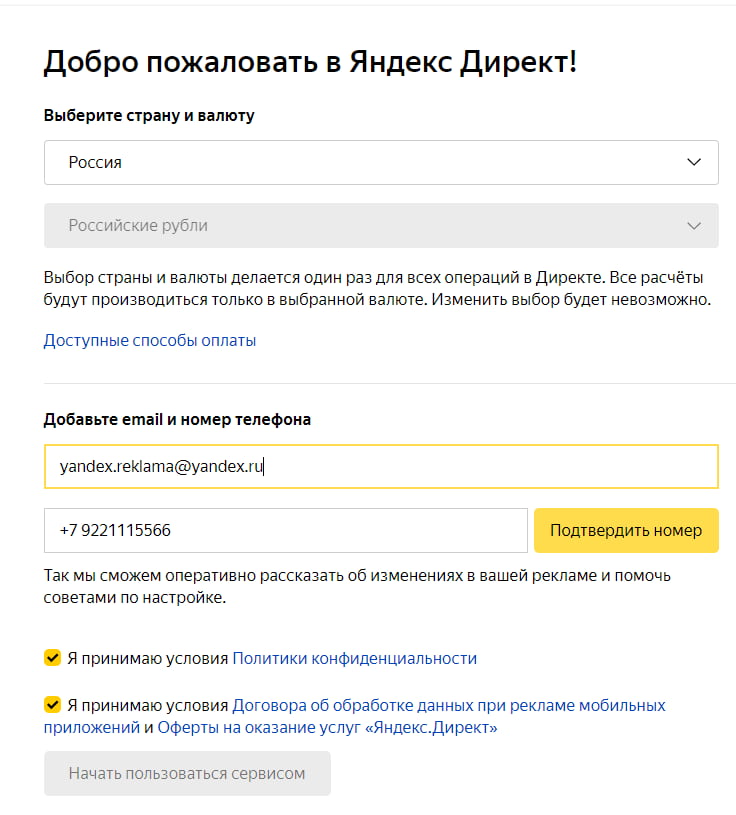 Поля регистрации в Директе