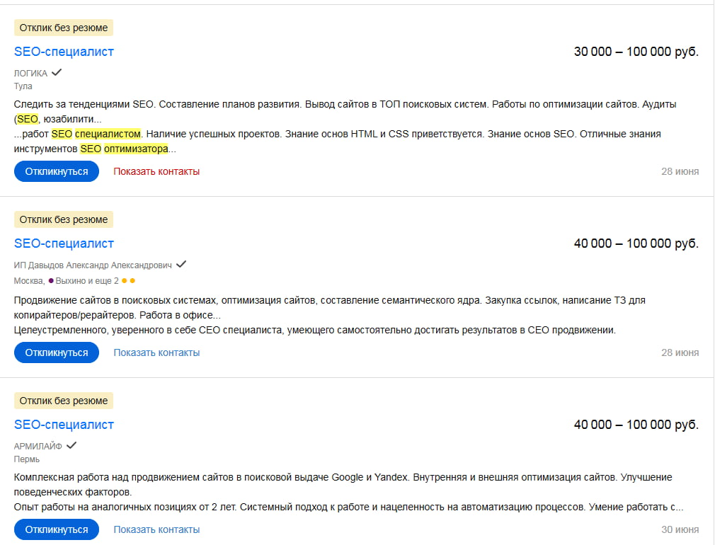 Зарплата профессионала в области SEO — синьора