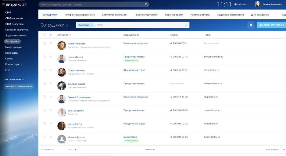 Список профилей сотрудников с контактными данными