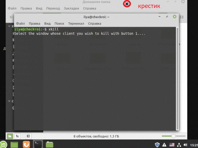 Вместо курсора появляется крестик. Наводим его на окно «Домашняя папка» и завершаем процесс