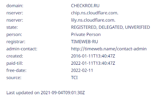 Данные по Checkroi: домен зарегистрирован 11 января 2016 года