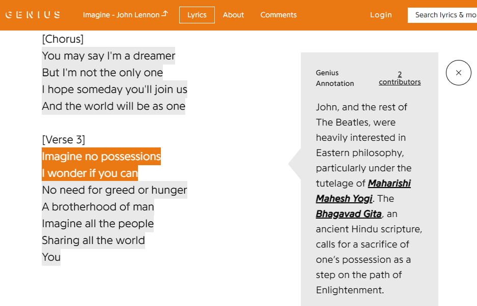 Из комментариев к строчкам песни Джона Леннона Imagine