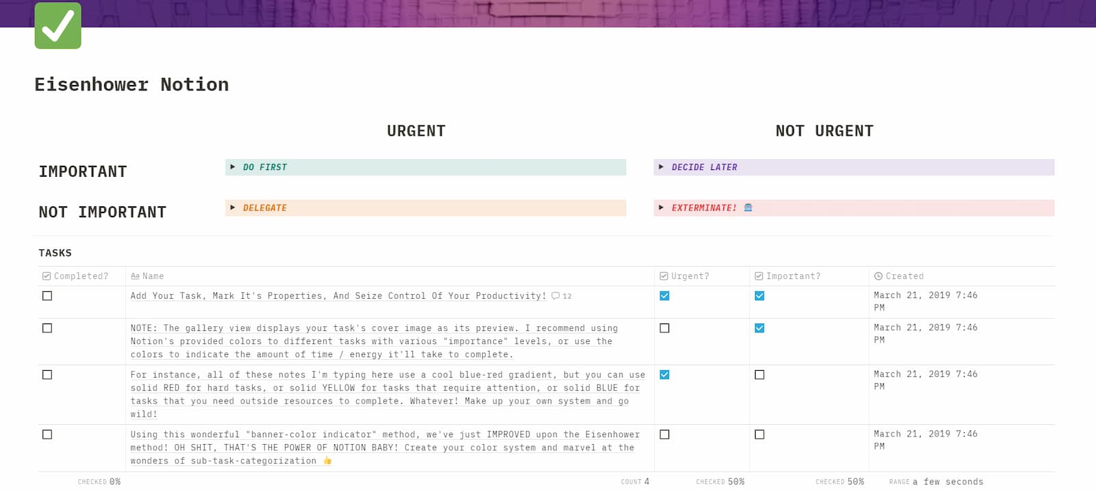 Шаблон матрицы Эйзенхауэра в сервисе Notion