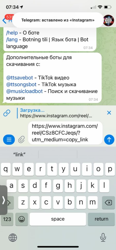 Отправьте ссылку на ролик боту