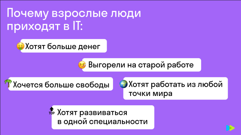 Это далеко не полный список причин, по которым многие выбирают IT-сферу для нового старта
