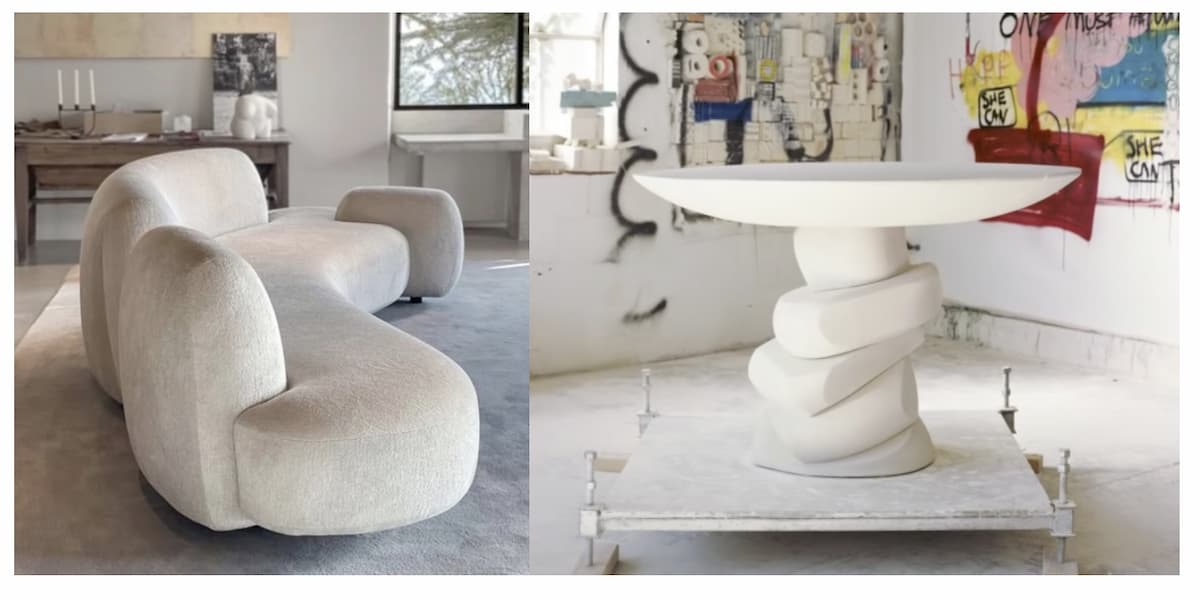 Черты гальки могут просматриваться в форме дивана, ножке журнального столика и прочих элементах мебели