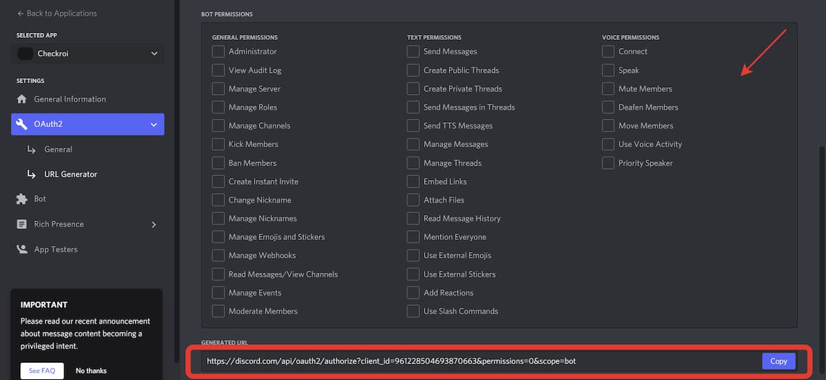 Выберите те функции, который должен выполнять ваш бот и скопируйте полученную ссылку, нажав кнопку «Copy»