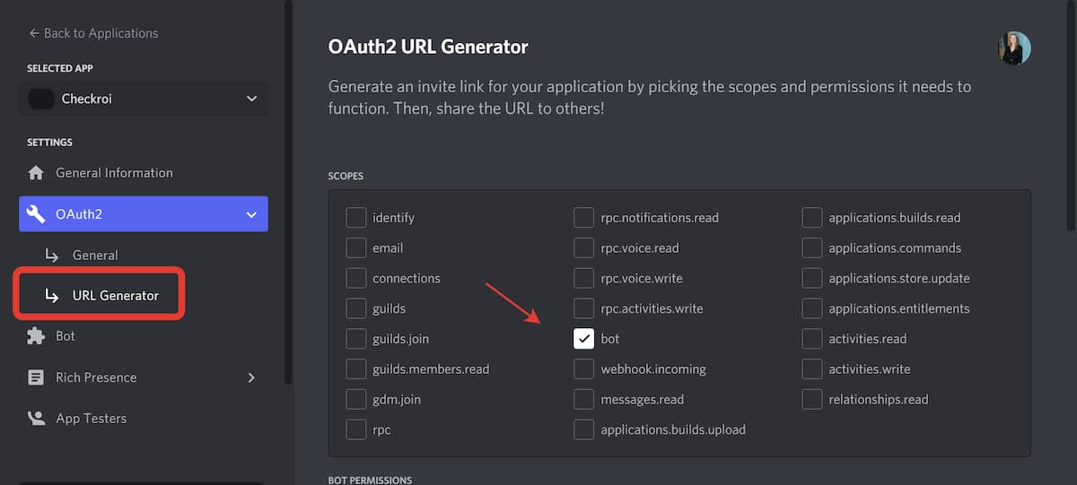 Выберите из выпадающего списка «URL Generator» и поставьте галочку рядом с «bot»