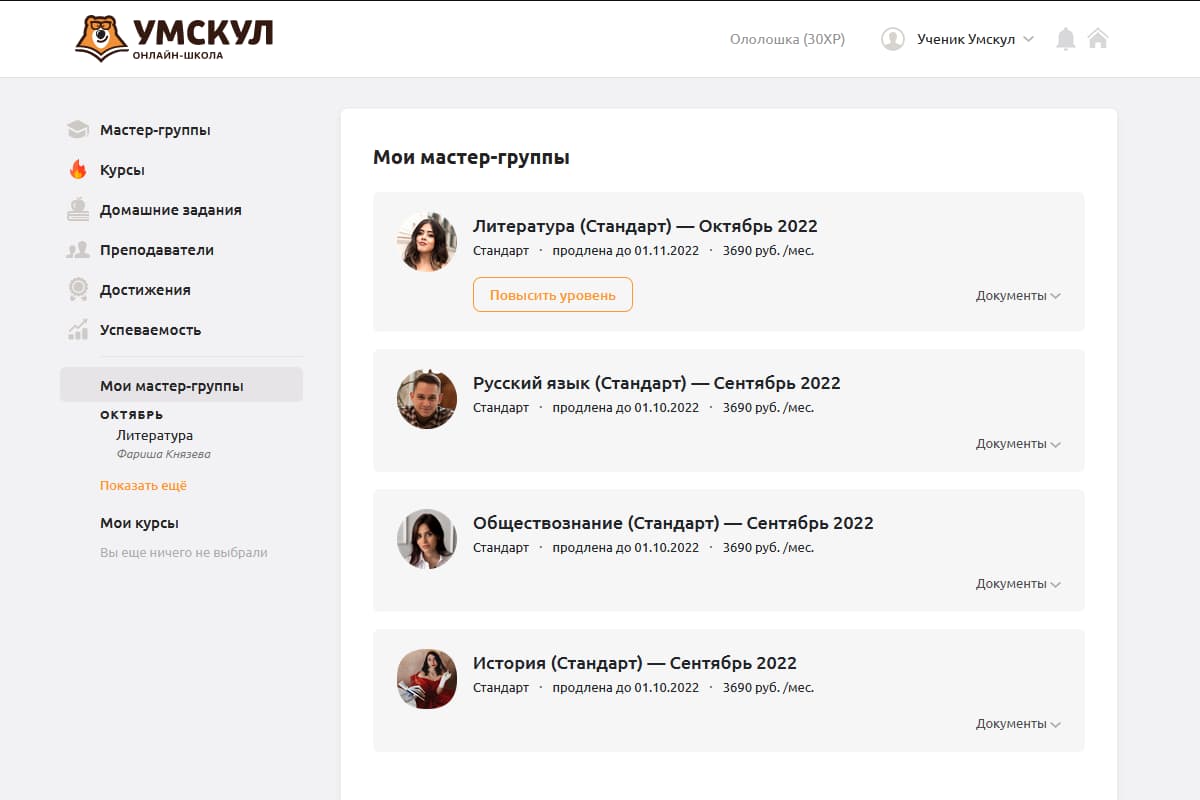 Обучение проходит в личном кабинете ученика на интерактивной платформе «Умскул»: