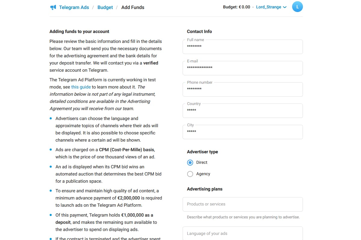 Во вкладке «Add funds» вас попросят рассказать о рекламных планах